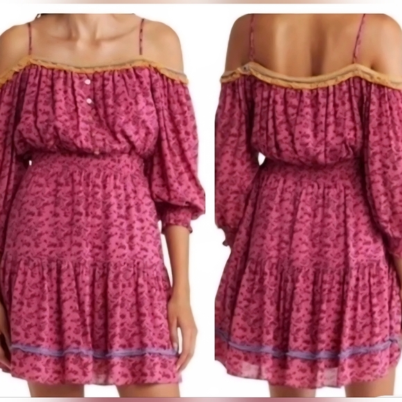 Betsey Johnson Dresses & Skirts - Betsey Johnson Vines of Bali Ibis Rose Pink Mini Dress Boho Pompoms SZ L